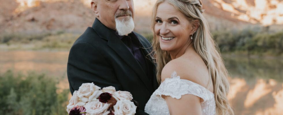 Christine Brown, former talent of TLC’s Sister Wives, on her wedding day to David Woolley in Moab, Utah.