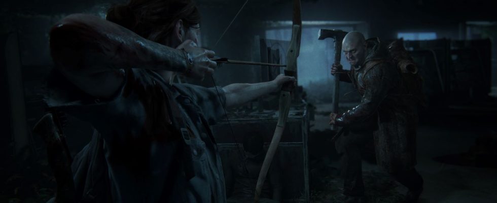 Ellie aiming bow at enemy.