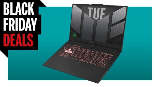 Opened ASUS gaming laptop on blue background with Black Friday logo