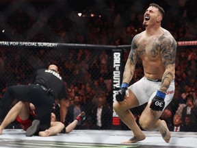 L'Anglais Tom Aspinall réagit après avoir battu le Russe Sergei Pavlovich par TKO lors du combat intérimaire pour le championnat des poids lourds de l'UFC lors de l'événement UFC 295 au Madison Square Garden le 11 novembre 2023 à New York.