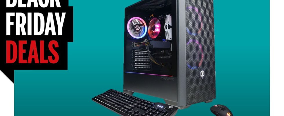 Black CyberPowerPC with keyboard and mouse on a turquoise background with a black friday logo