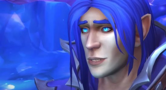 Kalecgos, aspect of the blue Dragonflight from World of Warcraft: Dragonflight, flashes a hopeful smile - he is a blue-haired mage of considerable power with a vulnerable expression.