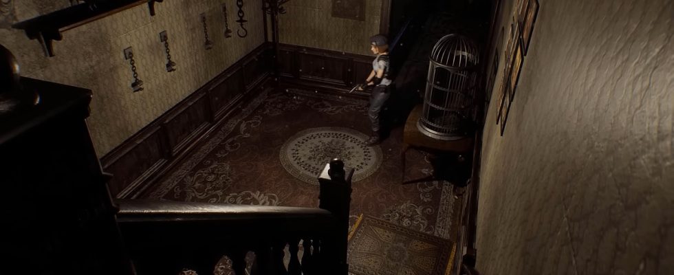 Resident Evil UE5: Jill Valentin walks through a hall in the Spencer Mansion.