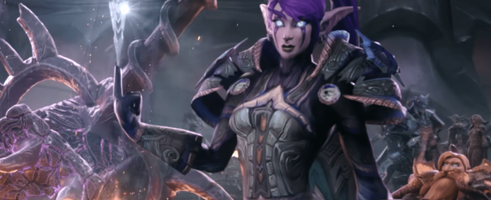 A night elven rogue from World of Warcraft: Cataclysm balances a dagger on her fingertip.