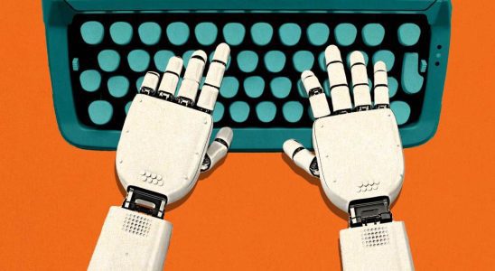 robot hands using a typewriter