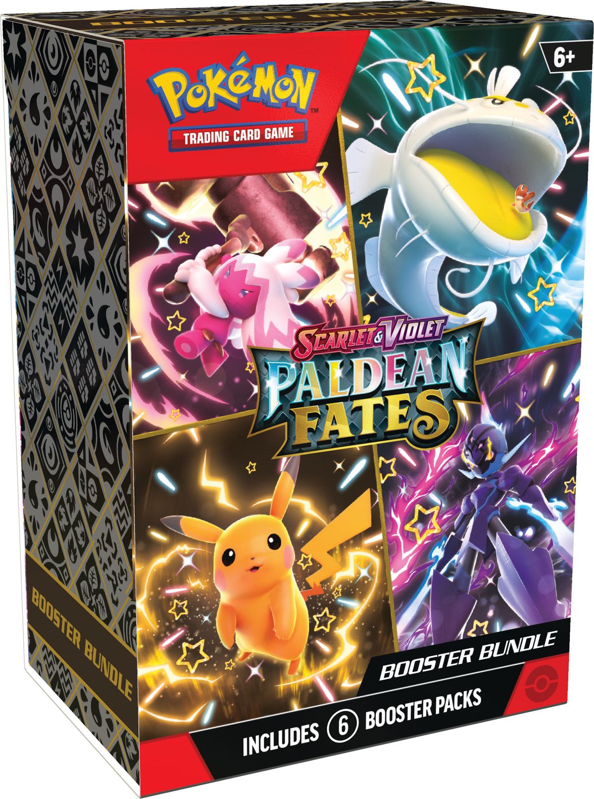 Pokémon JCC Écarlate et Violet – Boîte de booster Paldean Fates, qui comprend des Pikachu, Celuderge, Tinkaton et Dondozo brillants.