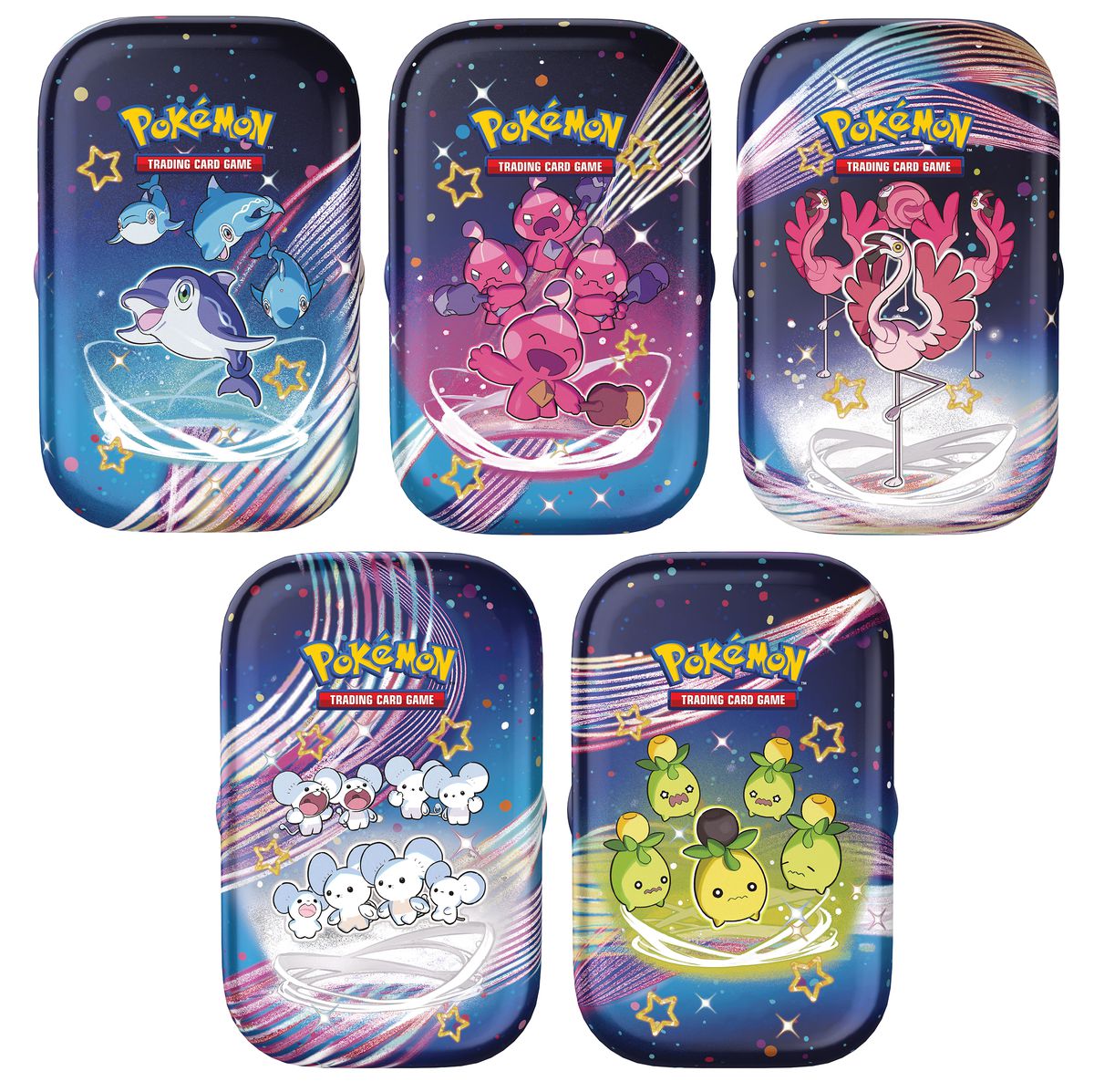 Pokémon JCC Écarlate et Violet – Mini boîtes Paldean Fates avec Tinkatink, Flamigo, Smoliv, Maushold et Palafin dessus.