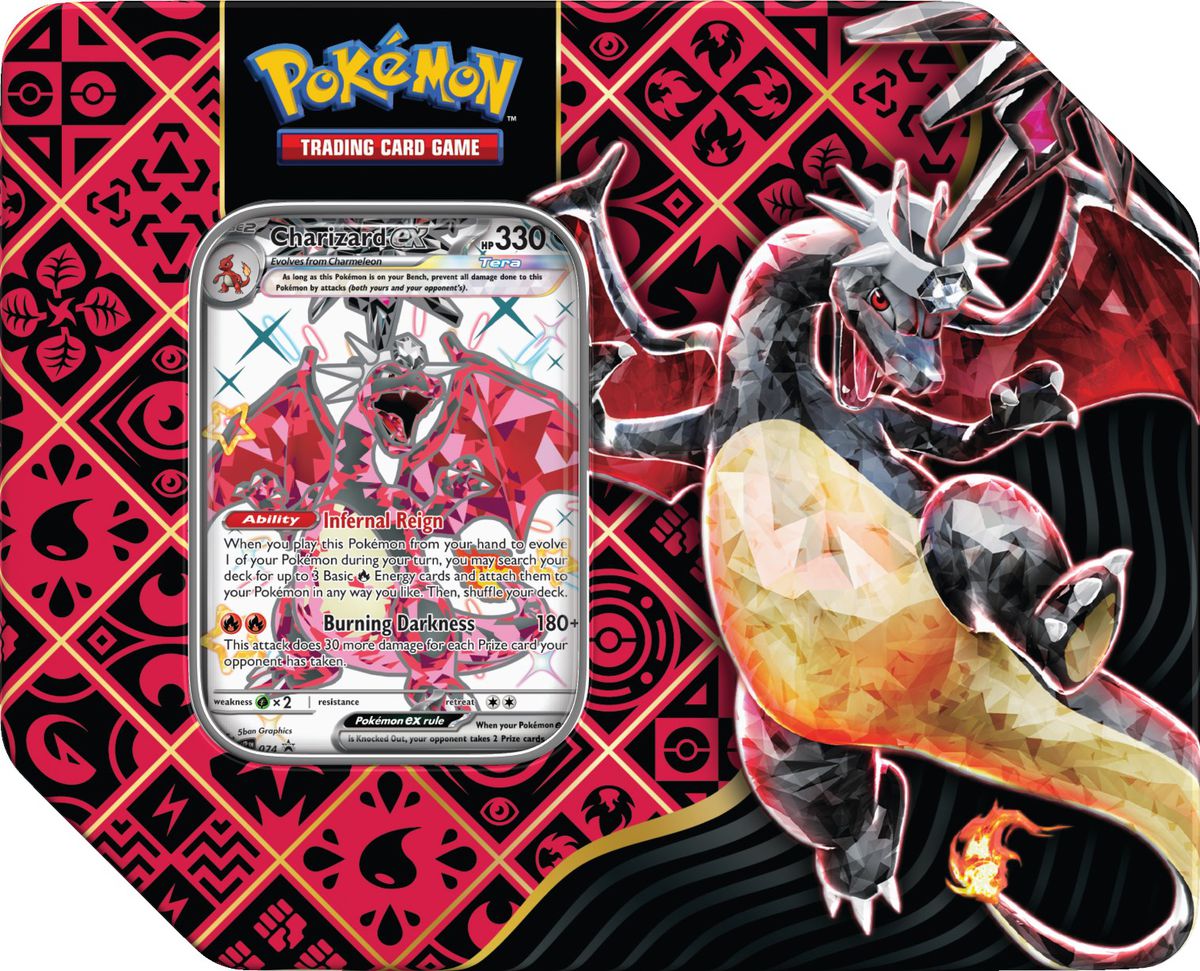 Pokémon JCC Écarlate et Violet – Boîte Paldean Fates Charizard, qui a un Charizard brillant en forme de Tera sur la couverture.
