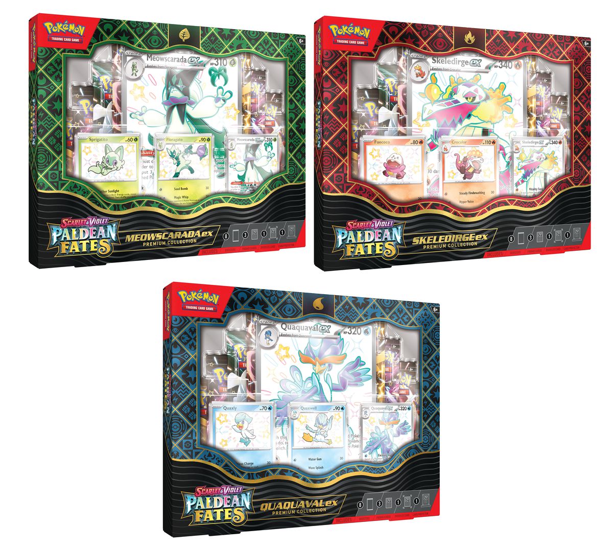 Pokémon JCC Écarlate et Violet – Boîtes de collection premium Paldean Fates contenant des versions spéciales en aluminium des démarreurs Paldéens.