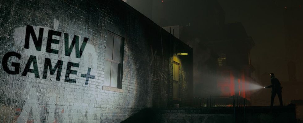 Alan Wake 2 New Game+ mode teaser image - Alan Wake shining a flashing illuminating the words New Game+ on a wall