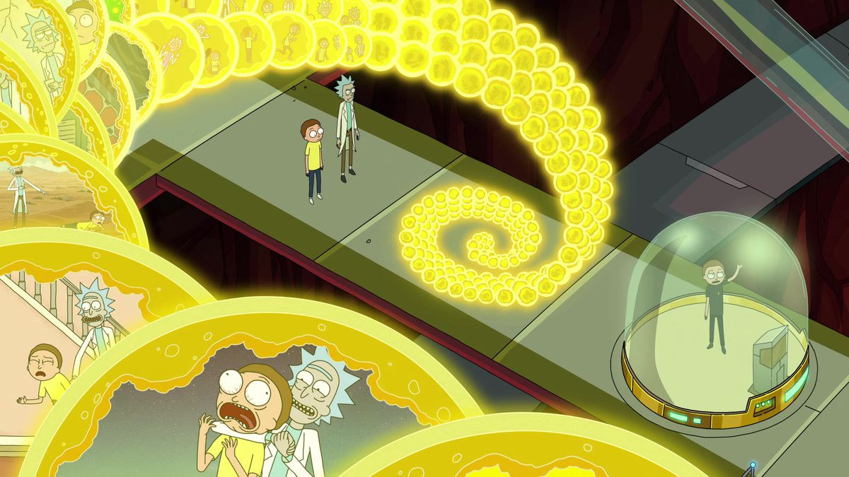 (De gauche à droite) Morty et Rick regardent une projection holographique du multivers avec Evil Morty dans Rick et Morty.