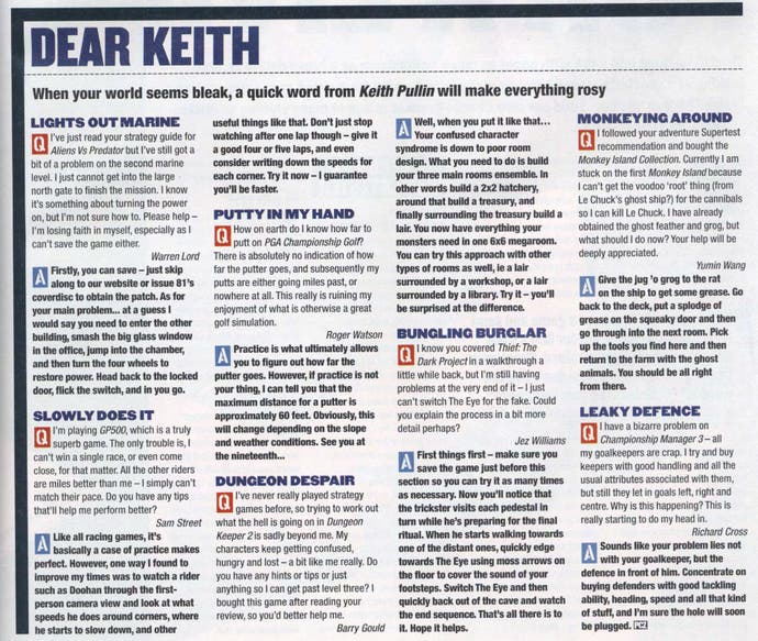 Une page de la rubrique Cher Keith dans PC Zone