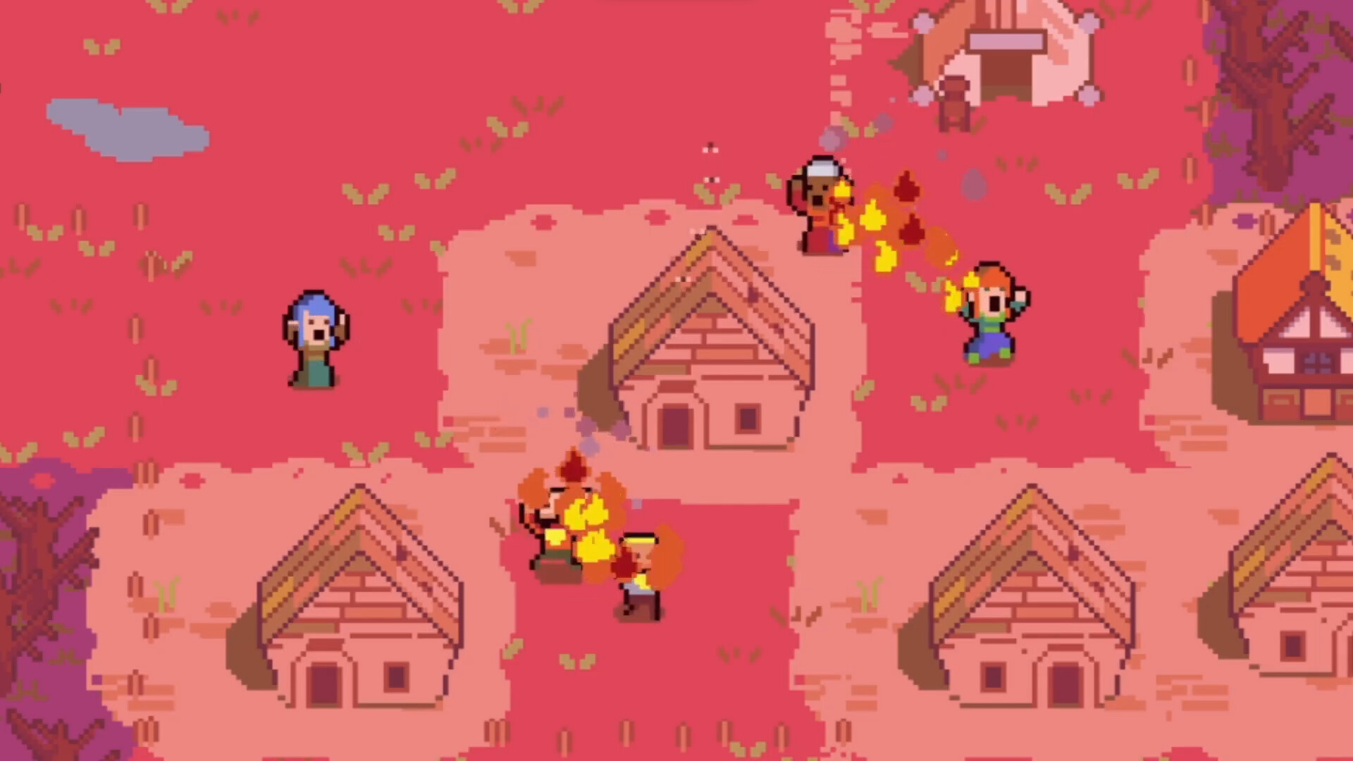 Des personnes pixélisées courent autour d'un village en feu dans une capture d'écran de Dotage