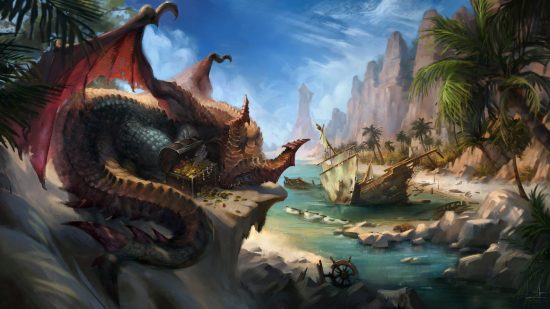 Une vue sur une baie, avec une créature ressemblant à un dragon allongée sur la plage. 