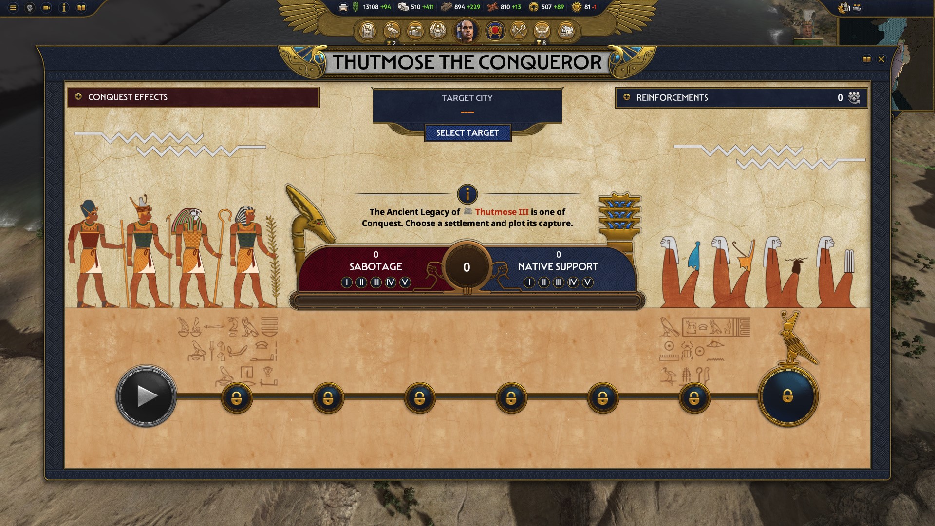 Revue de Total War Pharaoh : un menu montrant Thoutmosis le Conquérant.