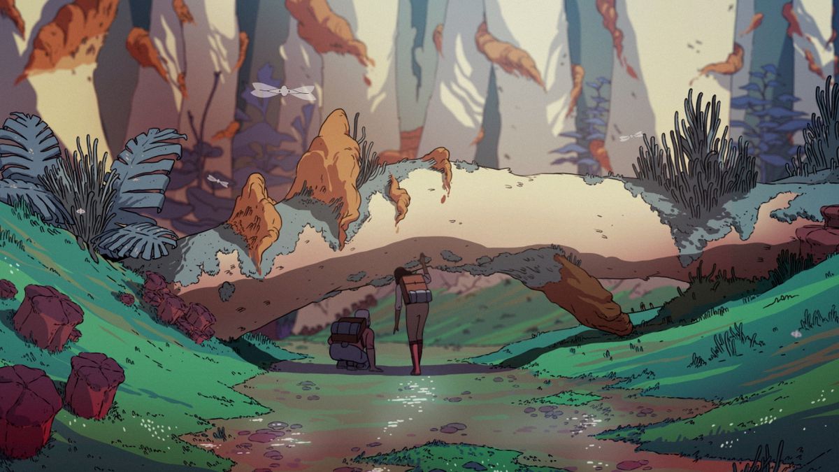 (De gauche à droite) Sam et Ursula se penchent sous un arbre extraterrestre avec des créatures extraterrestres ressemblant à des libellules flottant autour d'eux dans Scavengers Reign.