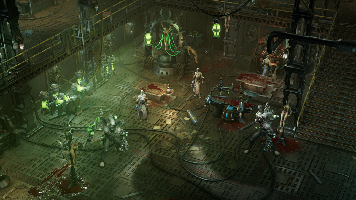 Une salle infâme pour les expériences scientifiques, avec des civières et un éclairage vert, dans le monde de Warhammer 40,000 : Rogue Trader