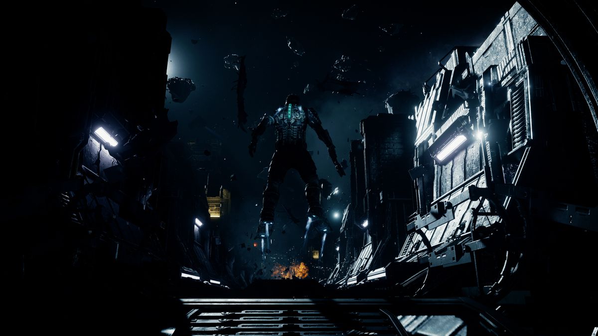 Isaac Clarke flotte au-dessus de l'extérieur de l'USG Ishimura, regardant un champ d'astéroïdes, dans une capture d'écran du remake de 2023 de Dead Space