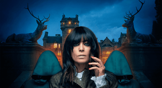 Claudia Winkleman and two cloaked figures in The Traitors UK promotional imagery