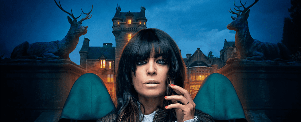 Claudia Winkleman and two cloaked figures in The Traitors UK promotional imagery