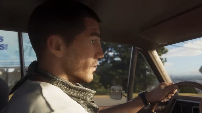 Capture d'écran de GTA 6 montrant Jason l'air anxieux en conduisant.