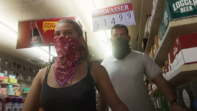 Bande-annonce de GTA 6 montrant Julia et Jason marchant dans un dépanneur avec des bandanas sur le visage.