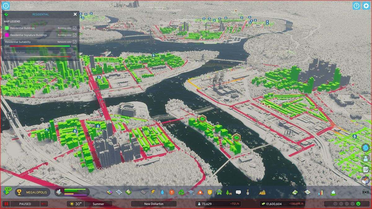 Une capture d'écran d'une ville tentaculaire dans Cities: Skylines 2, avec des bâtiments surlignés en vert vif et certaines rues principales surlignées en rouge vif.
