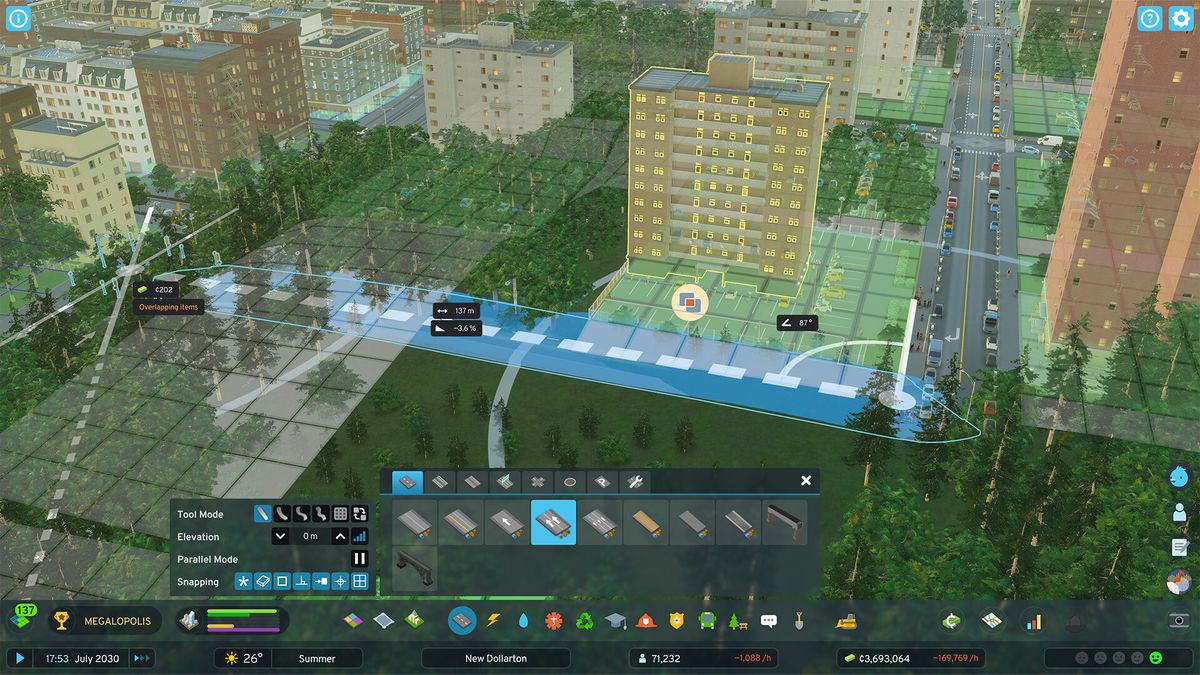 Une image de certains bâtiments dans Cities: Skylines 2, avec des barres d'outils visibles dans le cadre pour ajuster divers aspects de sa conception