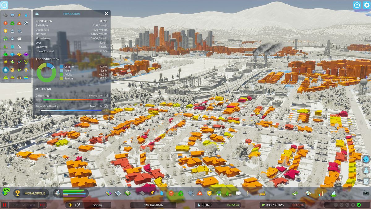 Une image d'une ville tentaculaire dans Cities: Skylines 2, avec des bâtiments de différentes tailles surlignés en rouge et orange