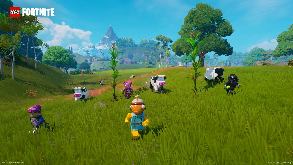 Brite Bomber, Cuddly Team Leader, Fishstick et Raven, sous forme de minifig Lego, dirigés par un troupeau de moutons et de vaches sur une colline herbeuse dans une capture d'écran de Lego Fortnite