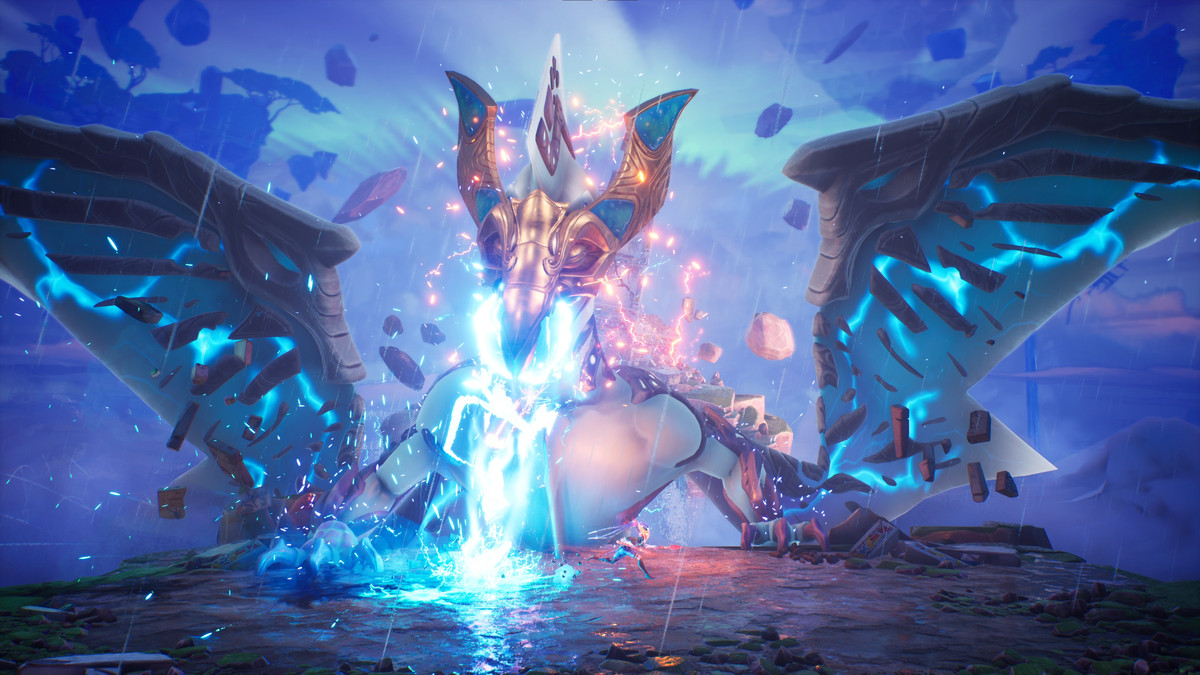 Une énorme figure ailée attaque une petite figure de chaman avec un faisceau d'énergie bleu sortant de sa tête dans Tales of Kenzera : Zau.