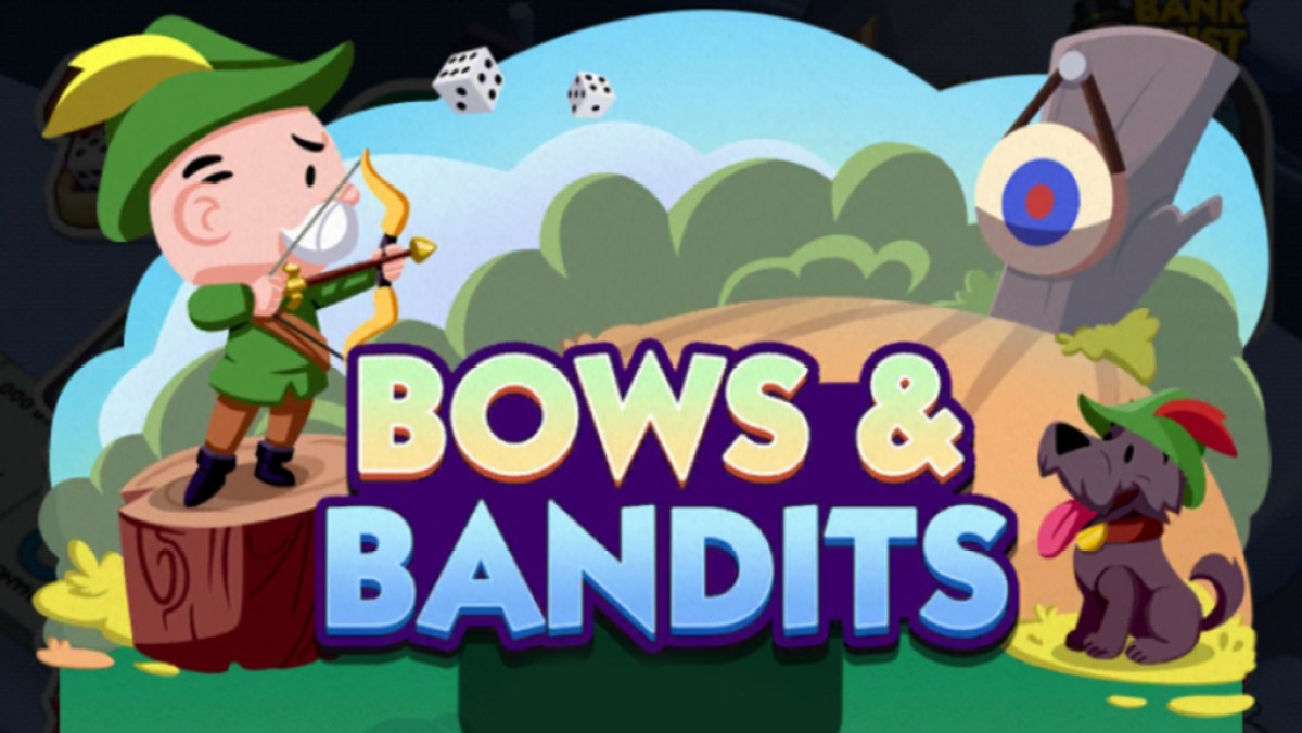 Une image de la taille d'un en-tête pour l'événement Bows & Bandits dans Monopoly GO qui montre Rich Uncle Pennybags déguisé en Robin des Bois et tirant sur une cible.