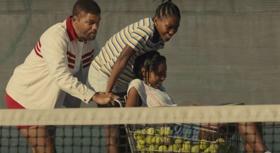 Will Smith, Demi Singleton, and Saniyya Sidney playing around with a cart full of tennis balls in King Richard.