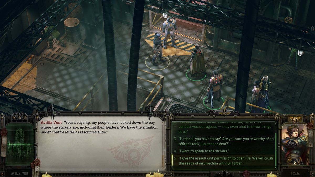 Le Rogue Trader choisit parmi une série d'options de dialogue concernant la manière de gérer une rébellion sur son vaisseau vide dans Warhammer 40K : Rogue Trader.