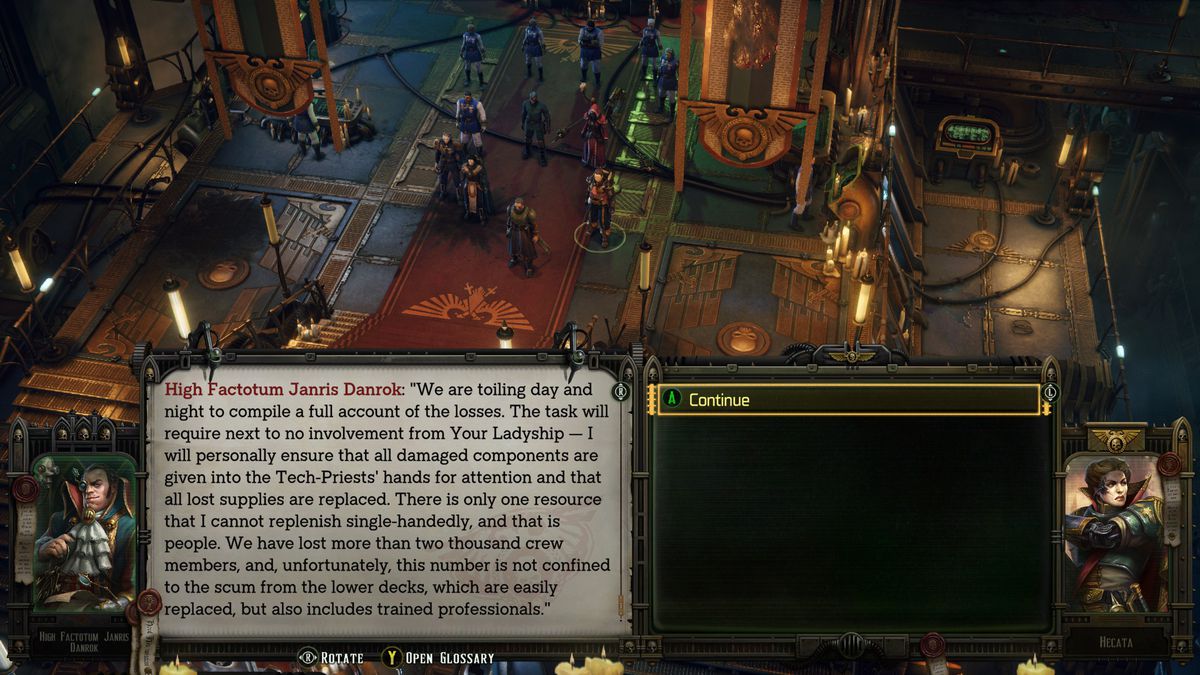 Le Rogue Trader et son groupe parlent à un haut fonctionnaire dans une salle d'un vaisseau vide dans Warhammer 40K : Rogue Trader
