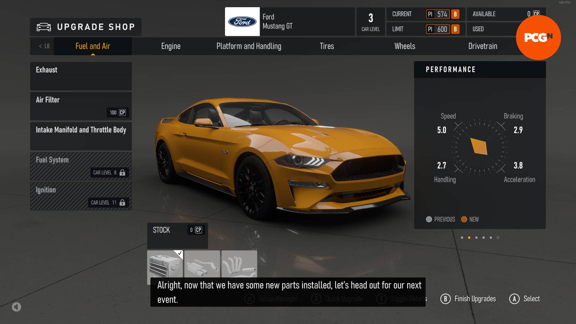 Revue Forza Motorsport : La boutique de mise à niveau montrant une Ford Mustang jaune et les mises à niveau disponibles.