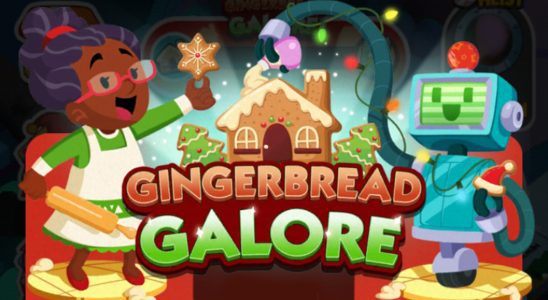 A header-sized image for the Gingerbread Galore event in Monopoly GO that shows a woman and robot building a gingerbread house.