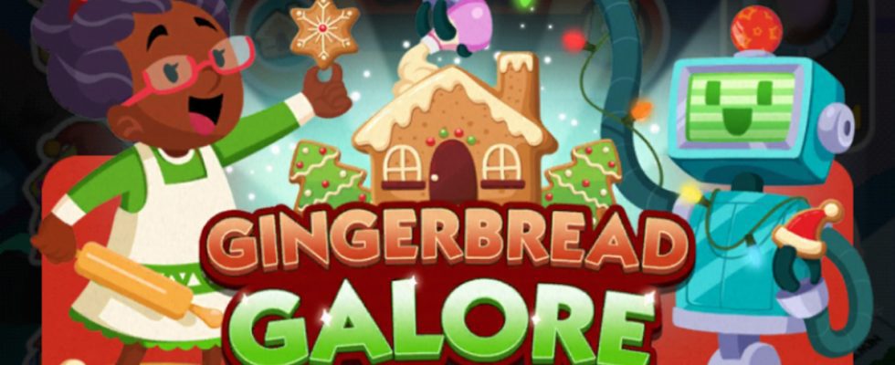 A header-sized image for the Gingerbread Galore event in Monopoly GO that shows a woman and robot building a gingerbread house.