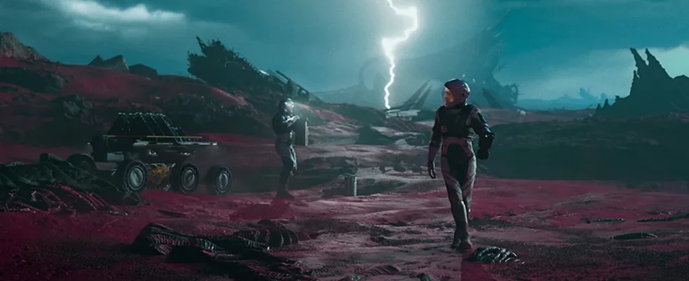 A promo still from Exodus featuring an astronaut on an alien planet with a lightning strike in the background.