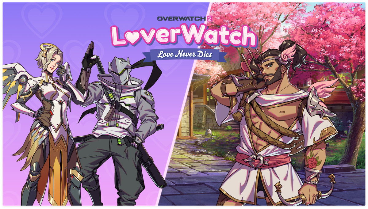 Loverwatch : l'art Love Never Dies, montrant les intérêts amoureux de Mercy et Genji, ainsi que Hanzo déguisé en Cupidon
