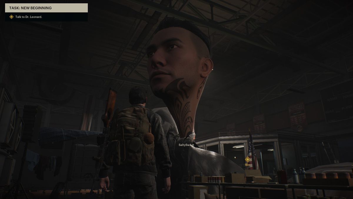 Une capture d'écran créée par le joueur de The Day Before, montrant un personnage avec une tête géante