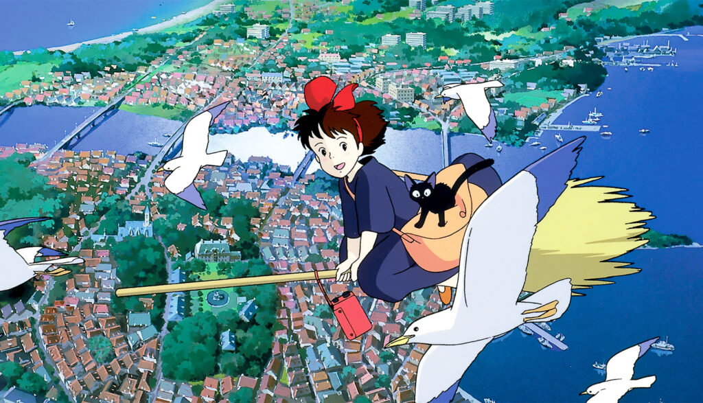 Kiki volant sur un balai.  Cette image fait partie d'un classement de tous les films de Hayao Miyazaki.