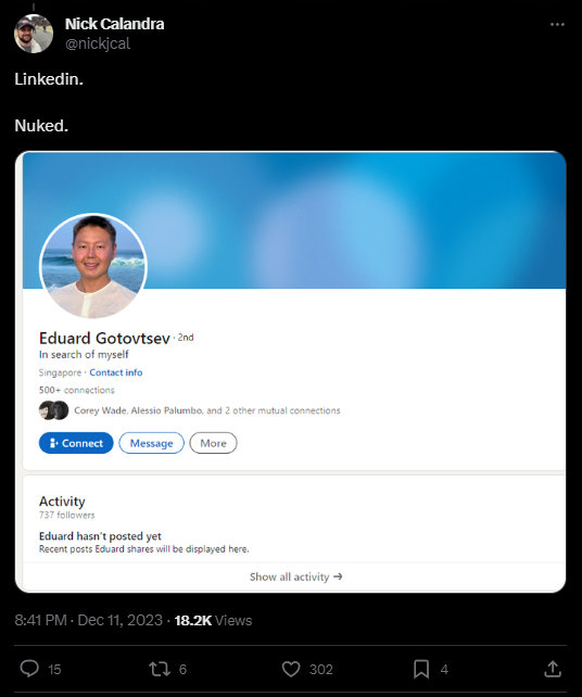 Un post qui dit : "Linkedin.  Nucléaire." avec une image du profil LinkedIn en sourdine du PDG de Fntastic.
