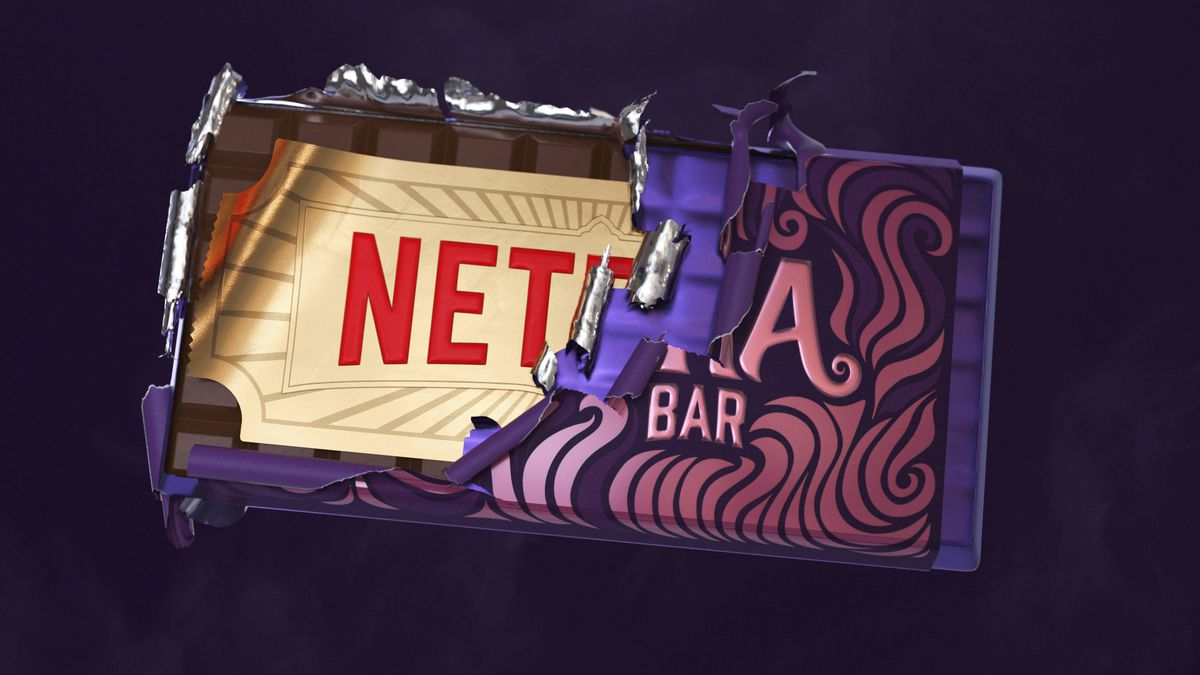 Une barre chocolatée Wonka révèle le logo Netflix dans une image de communiqué de presse pour l'accord Roald Dahl du service de streaming
