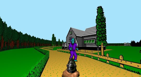 Doom: a pixelated Jason Voorhees approaches Doomguy at Camp Crystal Lake.