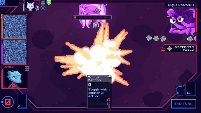 Capture d'écran de Cobalt Core montrant le vaisseau du joueur en train d'exploser de façon spectaculaire.