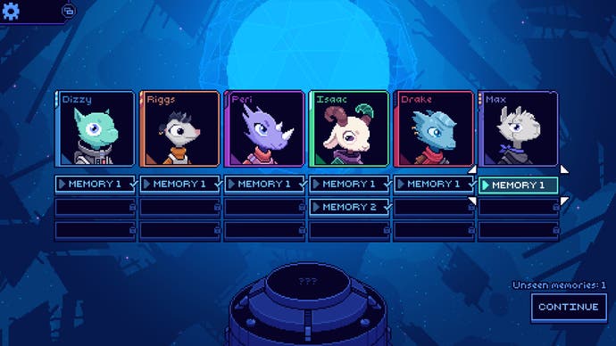 Capture d'écran de Cobalt Core montrant des images de tous les personnages du jeu, ainsi qu'une liste de cinématiques à débloquer, trois pour chacune.