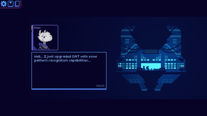 Capture d'écran de Cobalt Core montrant Max le lama, se souvenant de l'époque où il avait programmé l'IA CAT pour qu'elle soit bonne en reconnaissance de formes.