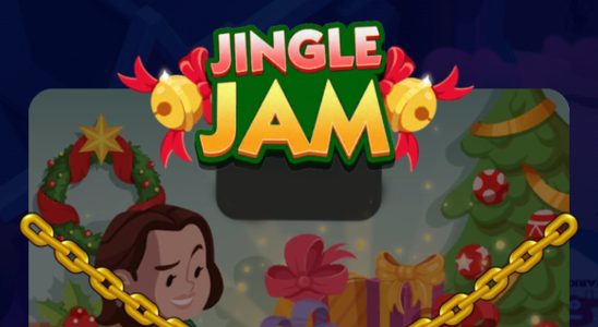 A header for the Jingle Jam event in Monopoly GO showing the logo for the event and a woman looking at presents on a piano.