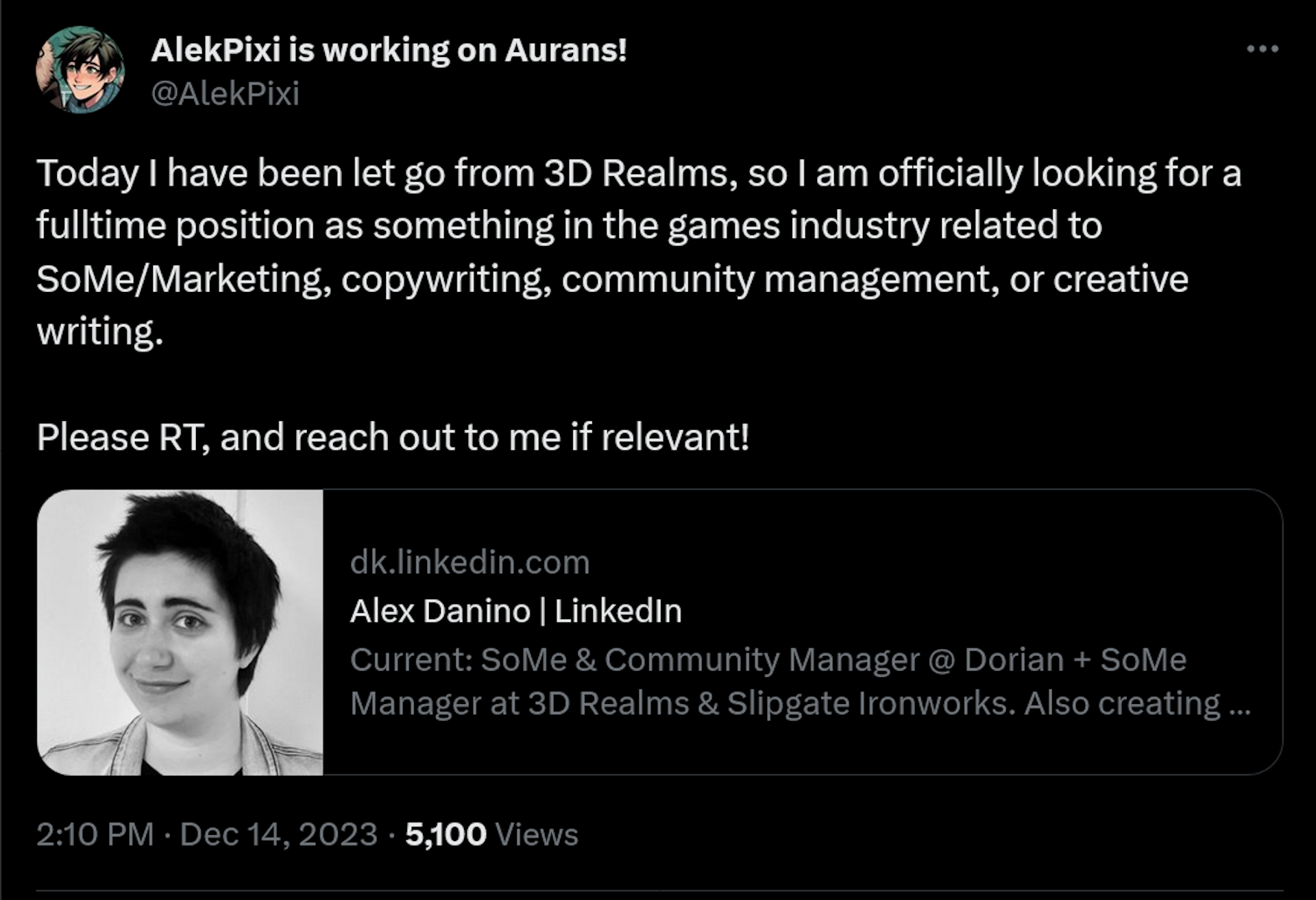 Aujourd'hui, j'ai été licencié de 3D Realms, je recherche donc officiellement un poste à temps plein dans l'industrie du jeu lié à SoMe/Marketing, à la rédaction, à la gestion de communauté ou à l'écriture créative.  S'il vous plaît RT, et contactez-moi si cela est pertinent !